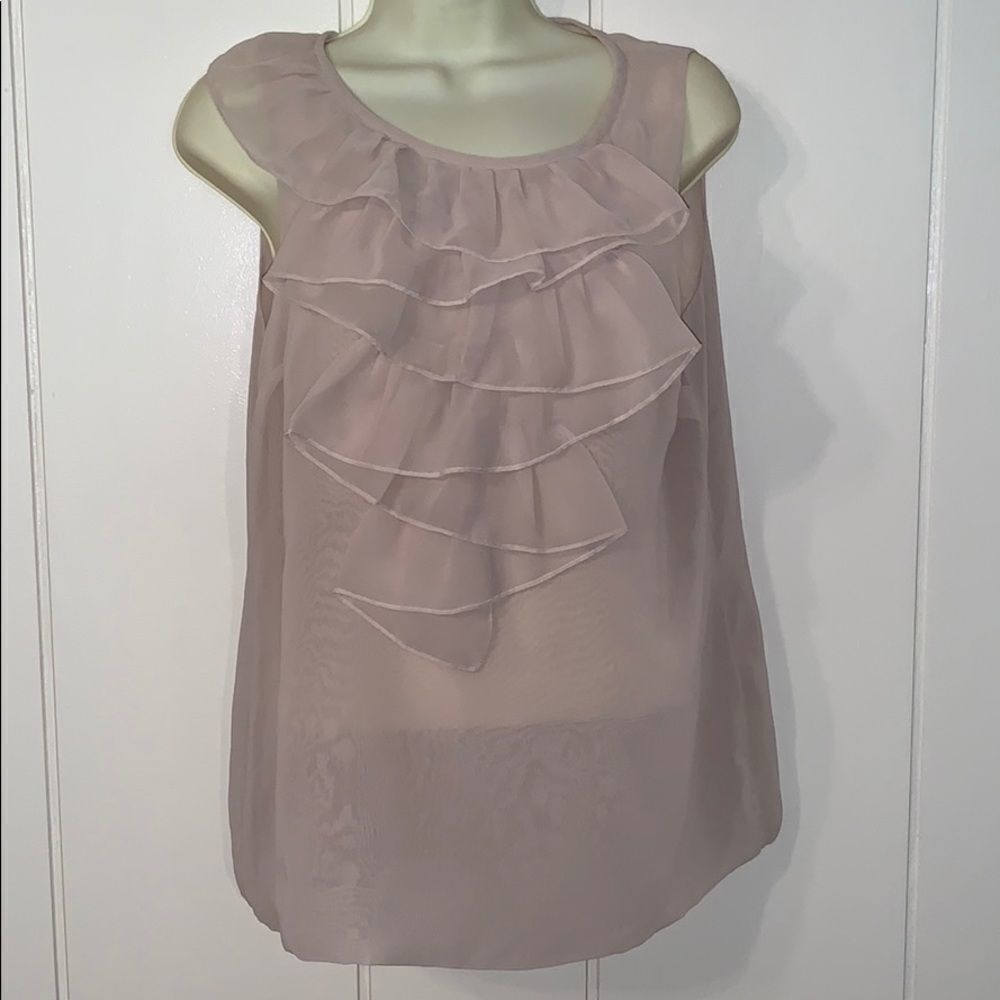 CAbi light tan chiffon ruffled sleeveless blouse